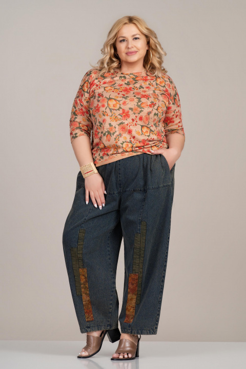 Макси блуза от фино плетиво в бежово с флорален принт в жълто, оранжево и червено