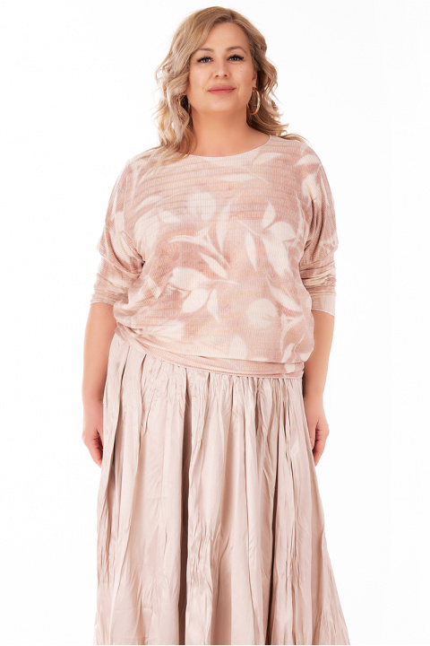 МАКСИ блуза от фино плетиво в бежово с принт светли листа