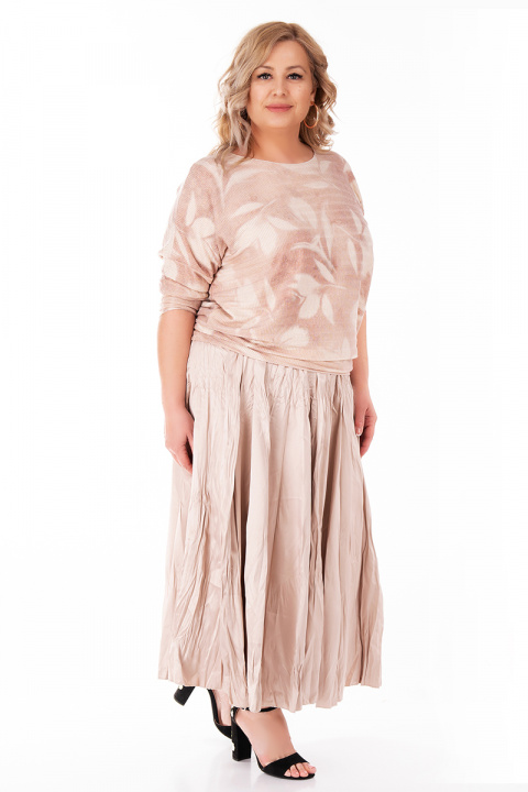 МАКСИ блуза от фино плетиво в бежово с принт светли листа