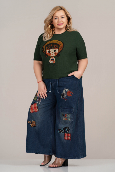 МАКСИ блуза от фино плетиво в зелено с щампа момиче с шапка