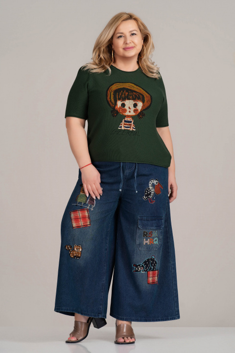 МАКСИ блуза от фино плетиво в зелено с щампа момиче с шапка