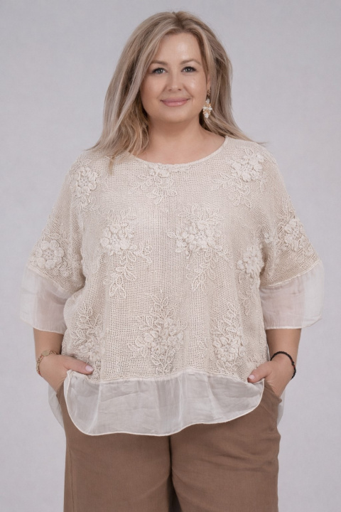 Макси блуза от памук и коприна в светлобежово с бродирана мрежеста платка