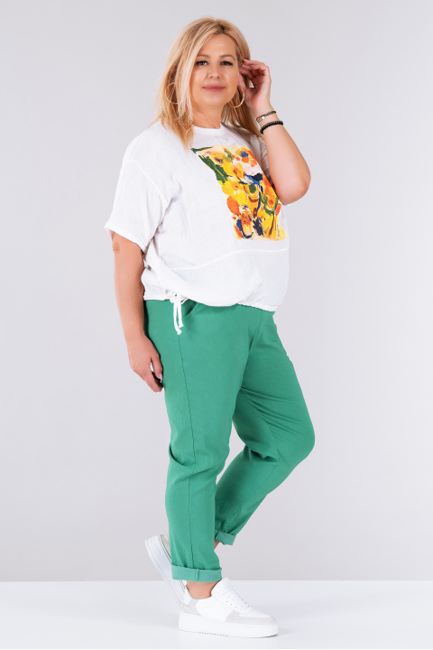 МАКСИ блуза от памук и лен в бяло с връзка в края и абстрактна щампа