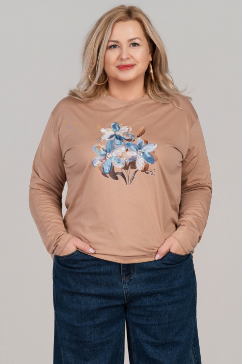 МАКСИ блуза от памук в бежово с апликирани цветя