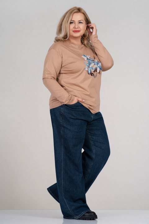 МАКСИ блуза от памук в бежово с апликирани цветя