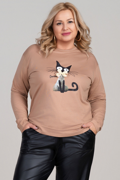 МАКСИ блуза от памук в бежово с щампа черна котка