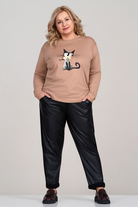 МАКСИ блуза от памук в бежово с щампа черна котка