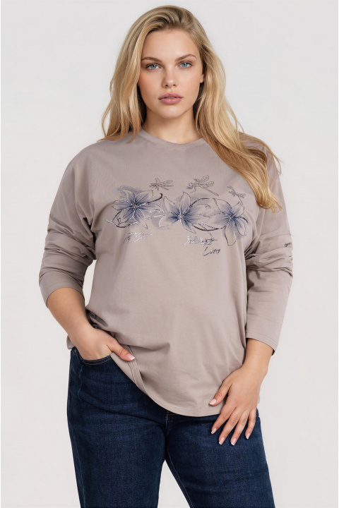 МАКСИ блуза от памук в бежово със сребриста флорална щампа
