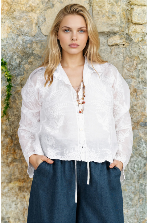 МАКСИ блуза от памук в бяло с бродерия и качулка