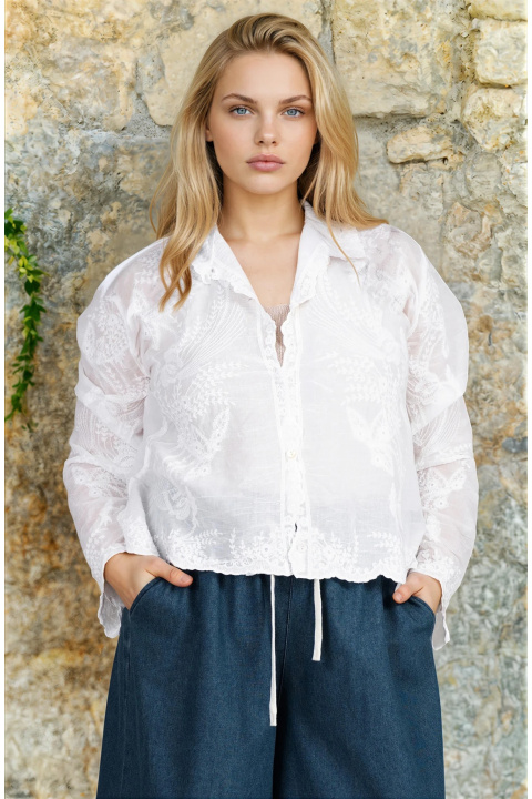 МАКСИ блуза от памук в бяло с бродерия и качулка