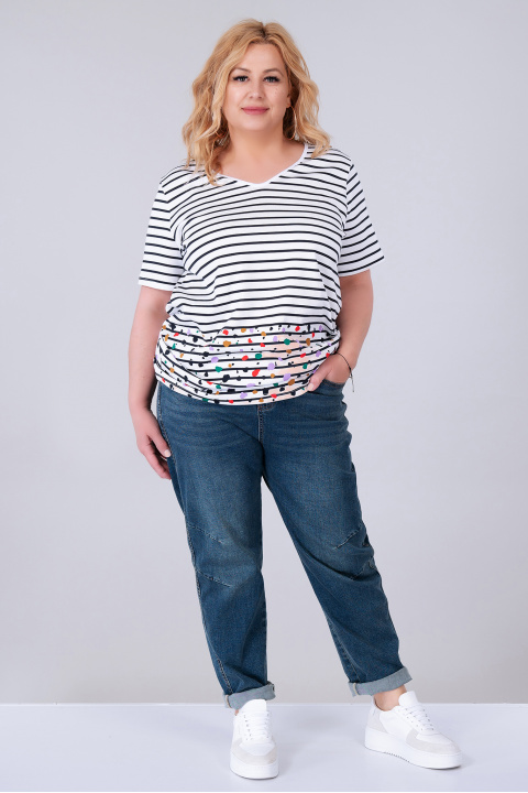 МАКСИ блуза от памук в бяло с черно райе и цветни петна в края