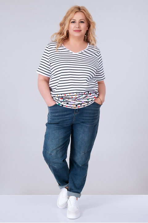 МАКСИ блуза от памук в бяло с черно райе и цветни петна в края