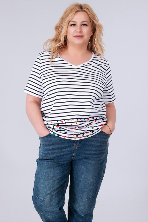 МАКСИ блуза от памук в бяло с черно райе и цветни петна в края