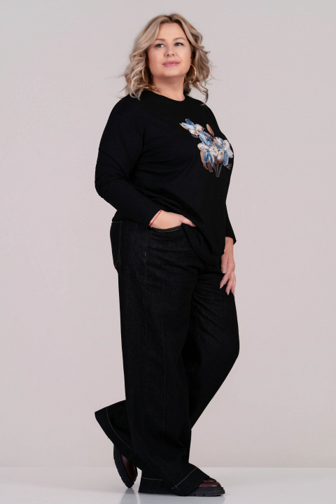 МАКСИ блуза от памук в черно с апликирани цветя