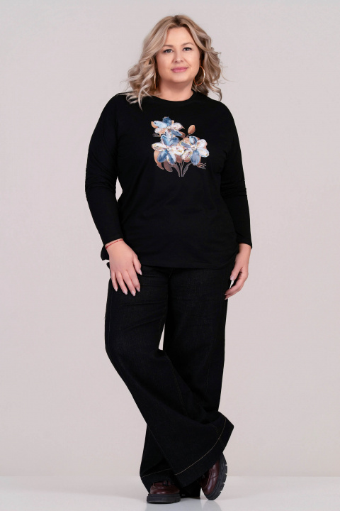 МАКСИ блуза от памук в черно с апликирани цветя