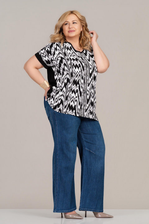 Макси блуза от памук в черно с бял принт и свободна кройка