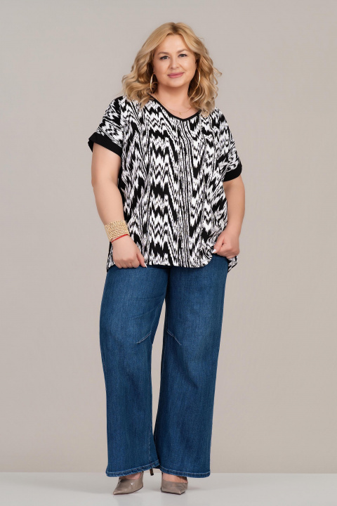 Макси блуза от памук в черно с бял принт и свободна кройка