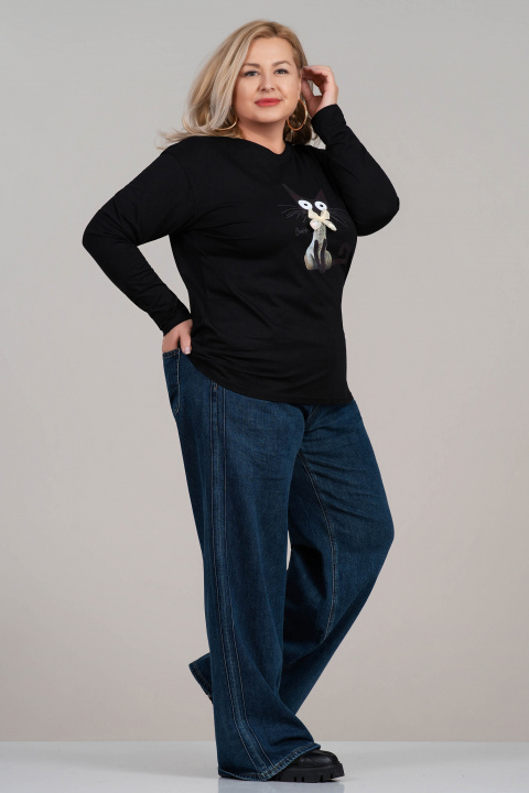 МАКСИ блуза от памук в черно с щампа котка