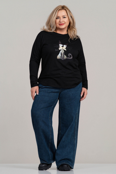 МАКСИ блуза от памук в черно с щампа котка