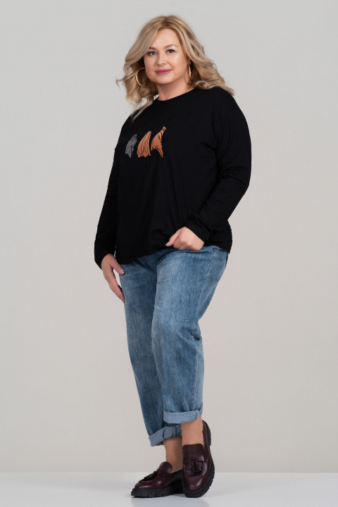 МАКСИ блуза от памук в черно с щампа три момичета