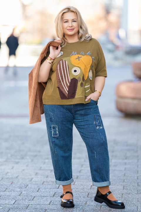 Макси блуза от памук в цвят каки с цветна апликация