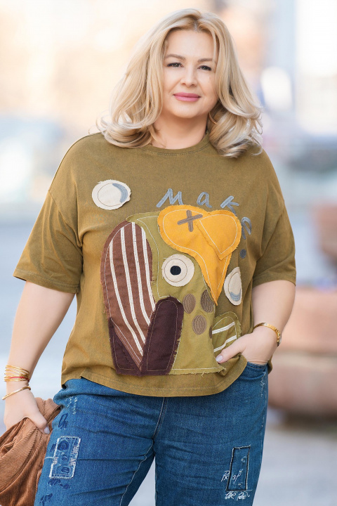 Макси блуза от памук в цвят каки с цветна апликация