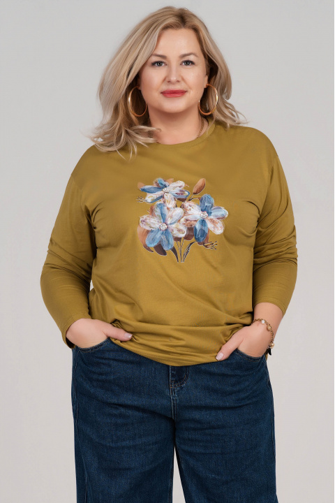 МАКСИ блуза от памук в цвят лайм с апликирани цветя