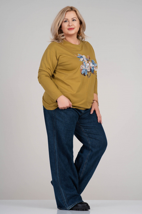 МАКСИ блуза от памук в цвят лайм с апликирани цветя