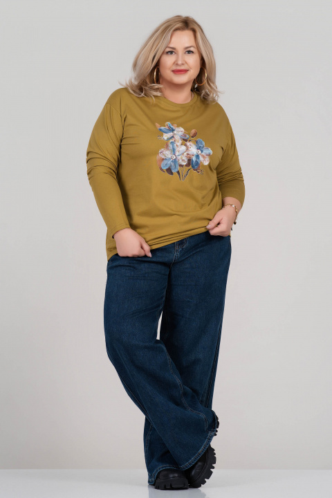 МАКСИ блуза от памук в цвят лайм с апликирани цветя