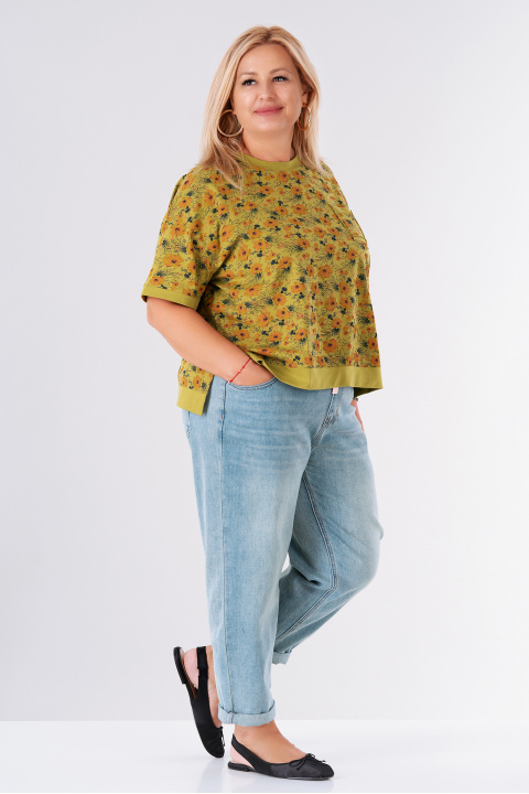 МАКСИ блуза от памук в цвят лайм с флорален принт