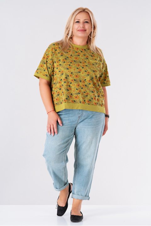 МАКСИ блуза от памук в цвят лайм с флорален принт