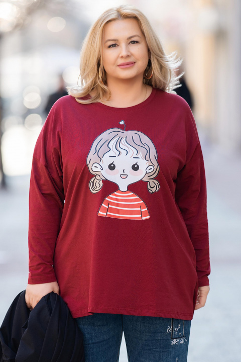 МАКСИ блуза от памук в цвят марсала с щампа анимирано момиче