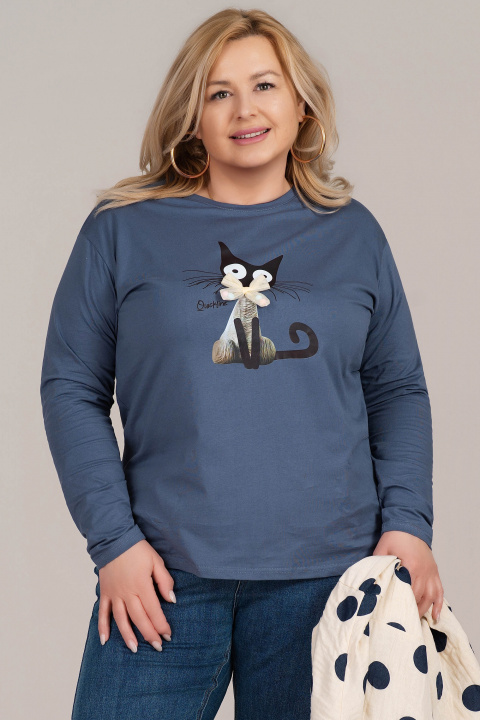 МАКСИ блуза от памук в гълъбово синьо с щампа черна котка