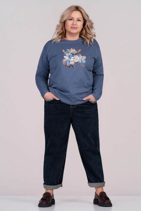 МАКСИ блуза от памук в синьо с апликирани цветя