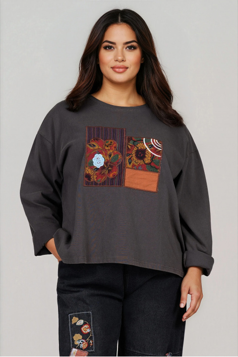 МАКСИ блуза от памук в сиво с флорална бродирана апликация