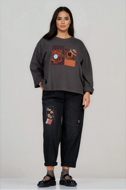 МАКСИ блуза от памук в сиво с флорална бродирана апликация