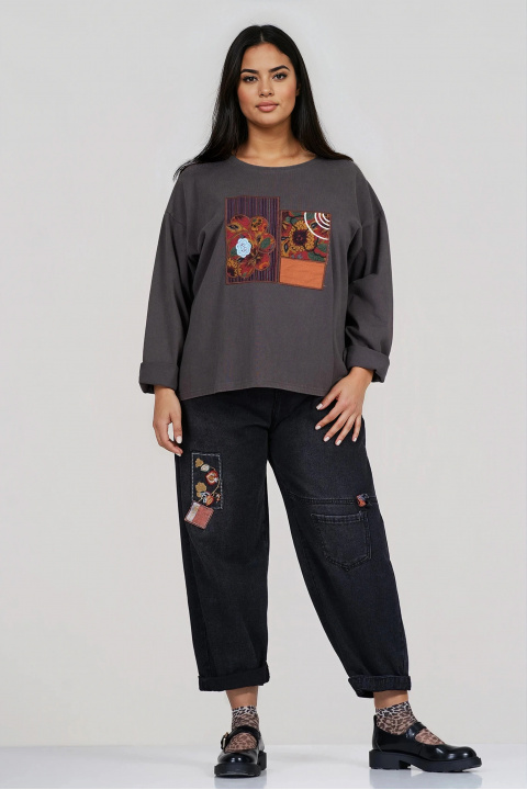 МАКСИ блуза от памук в сиво с флорална бродирана апликация