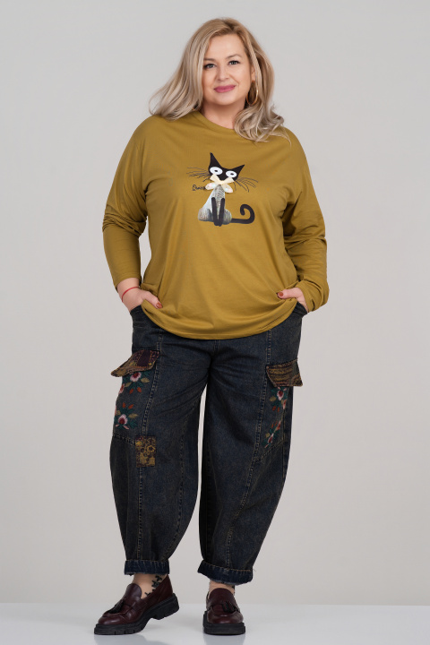 МАКСИ блуза от памук в зелено с щампа черна котка