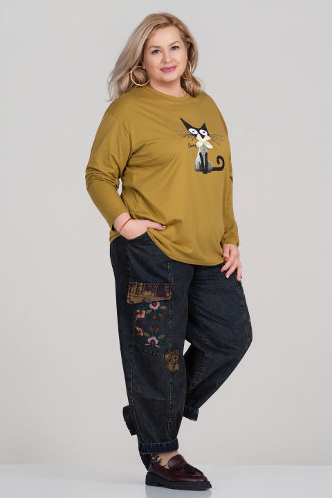 МАКСИ блуза от памук в зелено с щампа черна котка