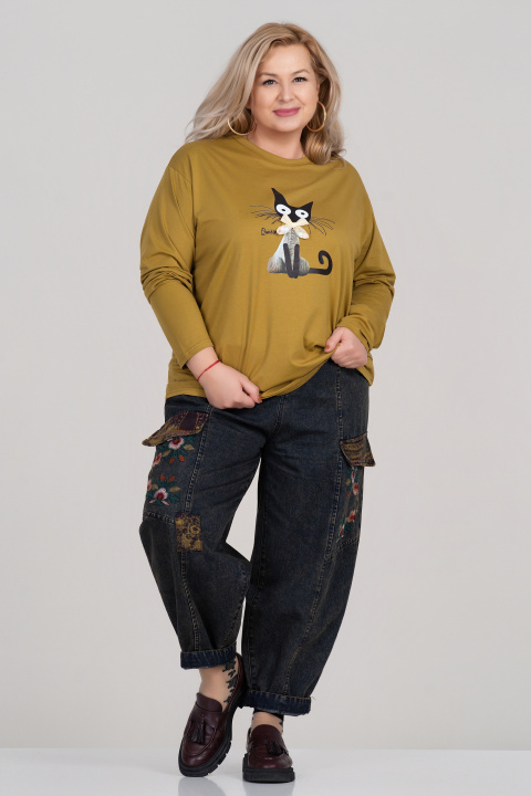 МАКСИ блуза от памук в зелено с щампа черна котка