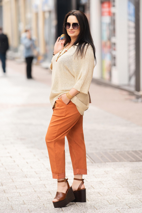 МАКСИ блуза от плетена материя в бежово с лишка ламе