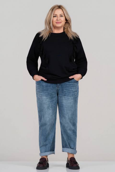 Макси блуза от трико в черно с декоративни къдрички