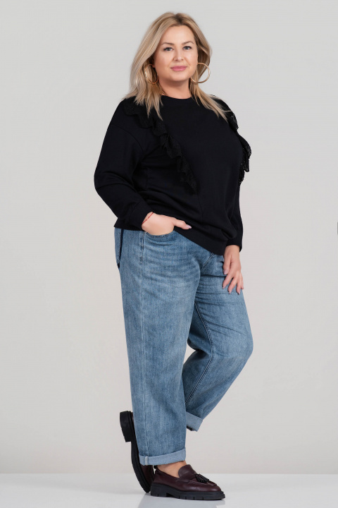 Макси блуза от трико в черно с декоративни къдрички