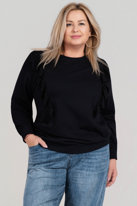 Макси блуза от трико в черно с декоративни къдрички