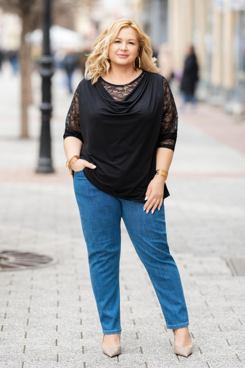 Макси блуза от вискоза в черно с дантела