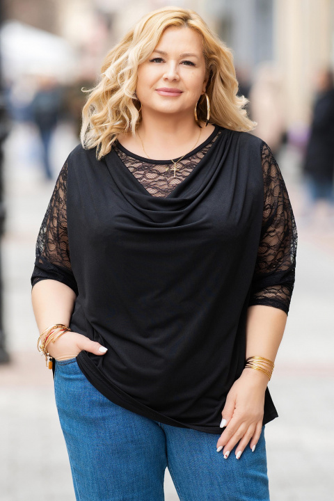 Макси блуза от вискоза в черно с дантела