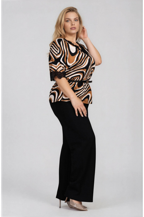 МАКСИ блуза с дантелено остро деколте и принт в черно и кафяво