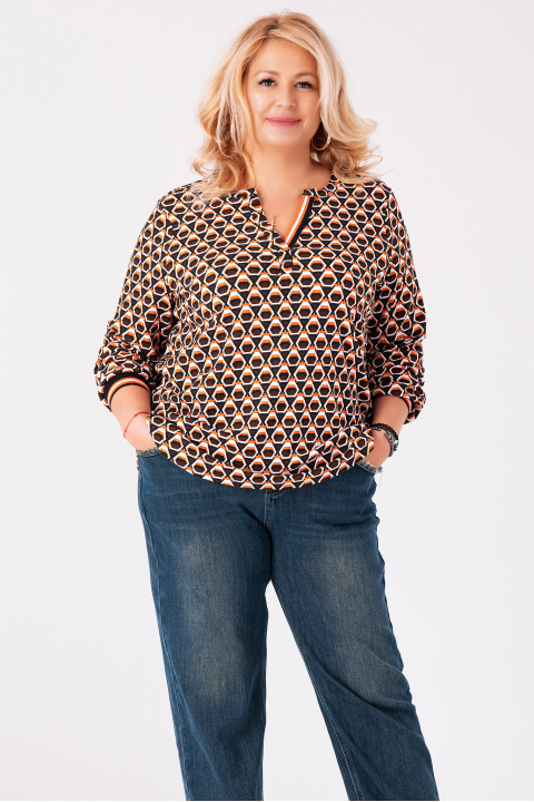 МАКСИ блуза с геометричен принт в черно, кафяво и оранжево