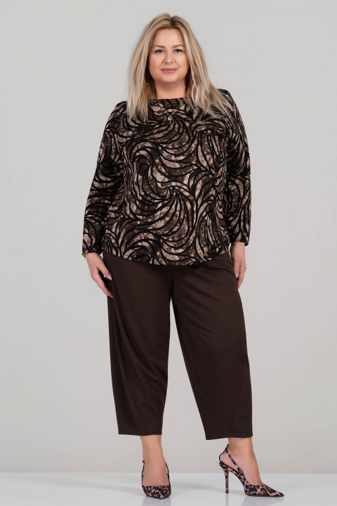 МАКСИ плътна блуза с кафяво-черен принт и декоративен джоб