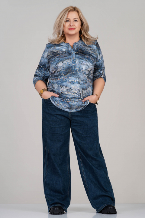 МАКСИ блуза с красив акварелен принт в синята гама и нежни златисти отблясъци